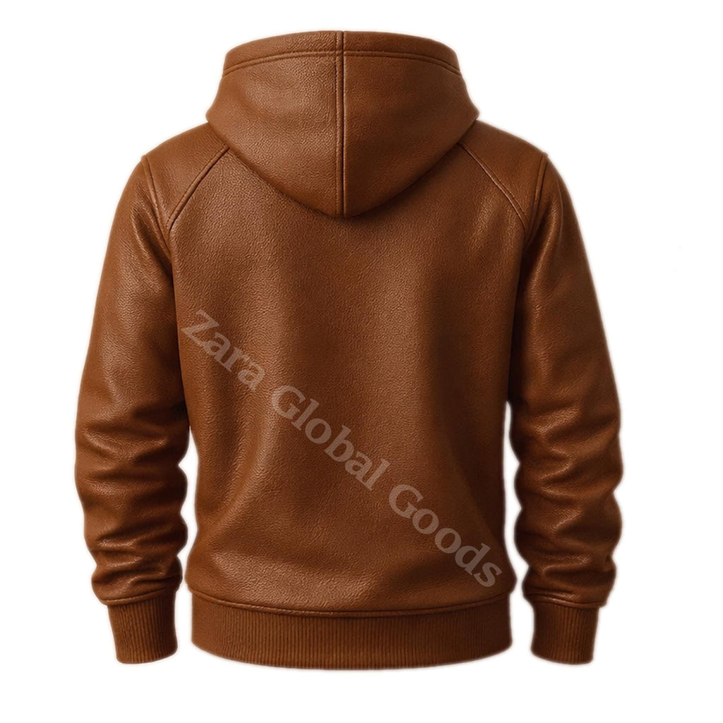 Men’s Brown Leather Hoodie – Casual Pullover Hooded Sweatshirt