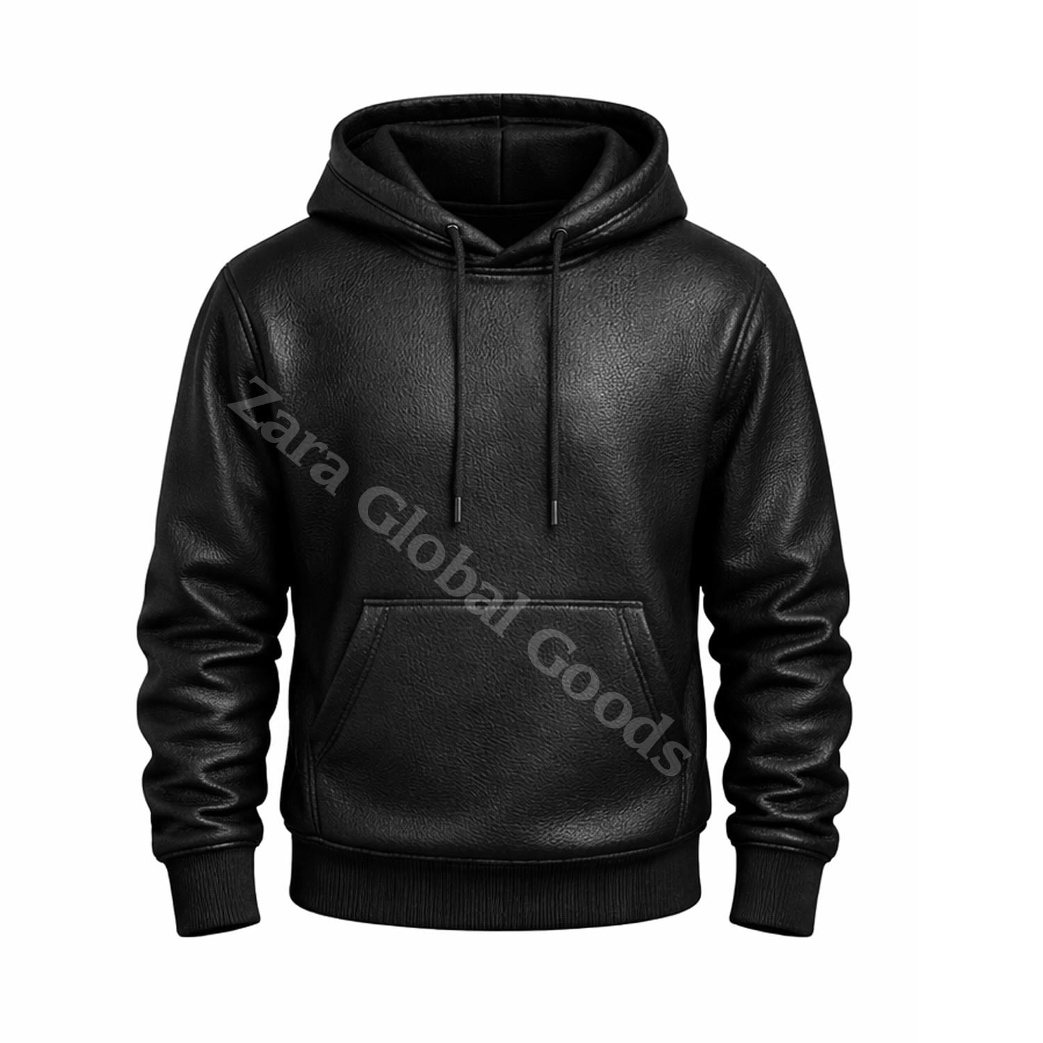 Men’s Black Leather Hoodie – Casual Pullover Hooded Sweatshirt