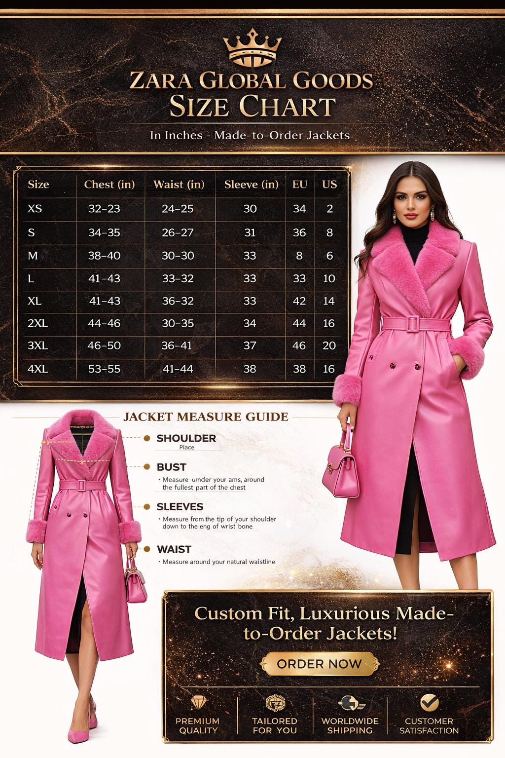 Pink Leather Coat Size Chart | Custom Fit Women Jacket Guide | Made to Order Leather Coat | Zara Global Goods