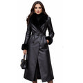 Elegant Black Leather Coat for Women – Faux Fur Collar, Belted Long Winter Trench