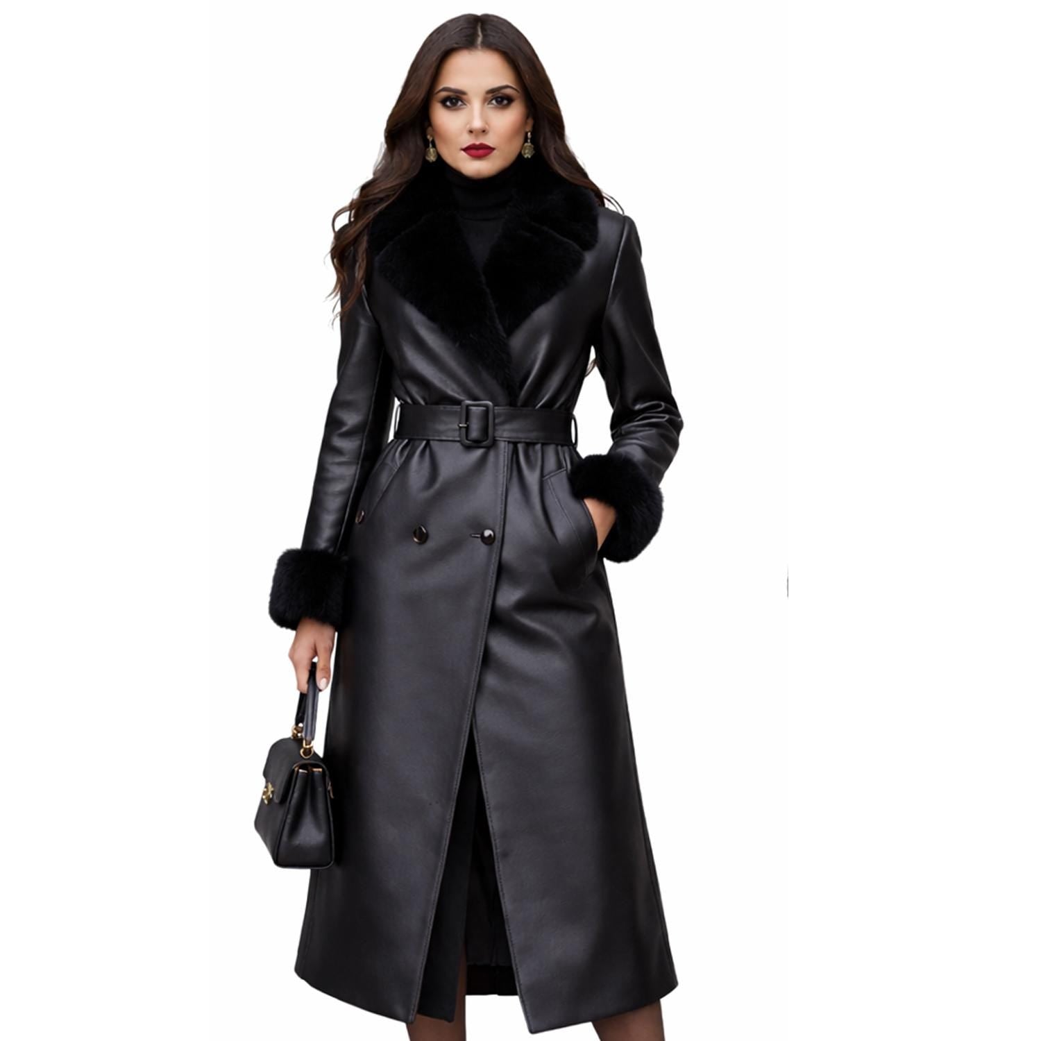 Elegant Black Leather Coat for Women – Faux Fur Collar, Belted Long Winter Trench