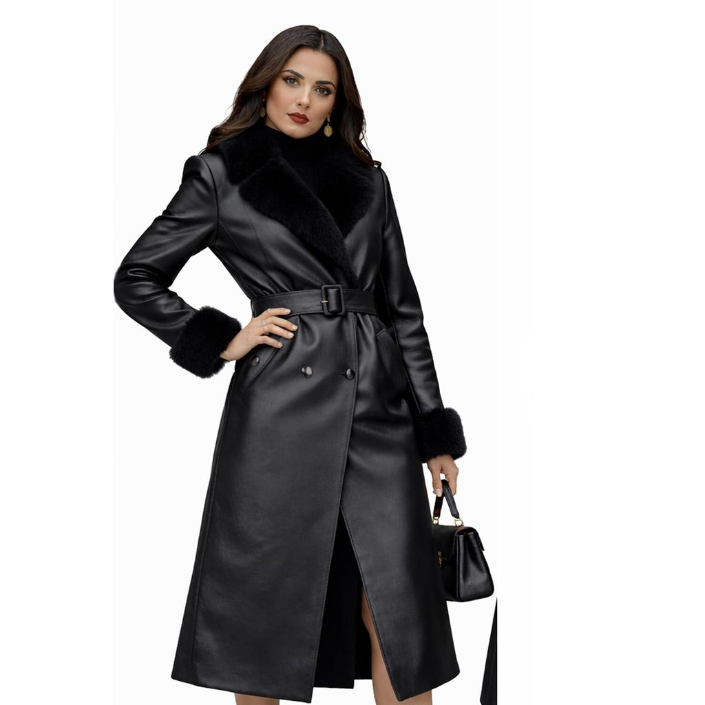 Elegant Black Leather Coat for Women – Faux Fur Collar, Belted Long Winter Trench