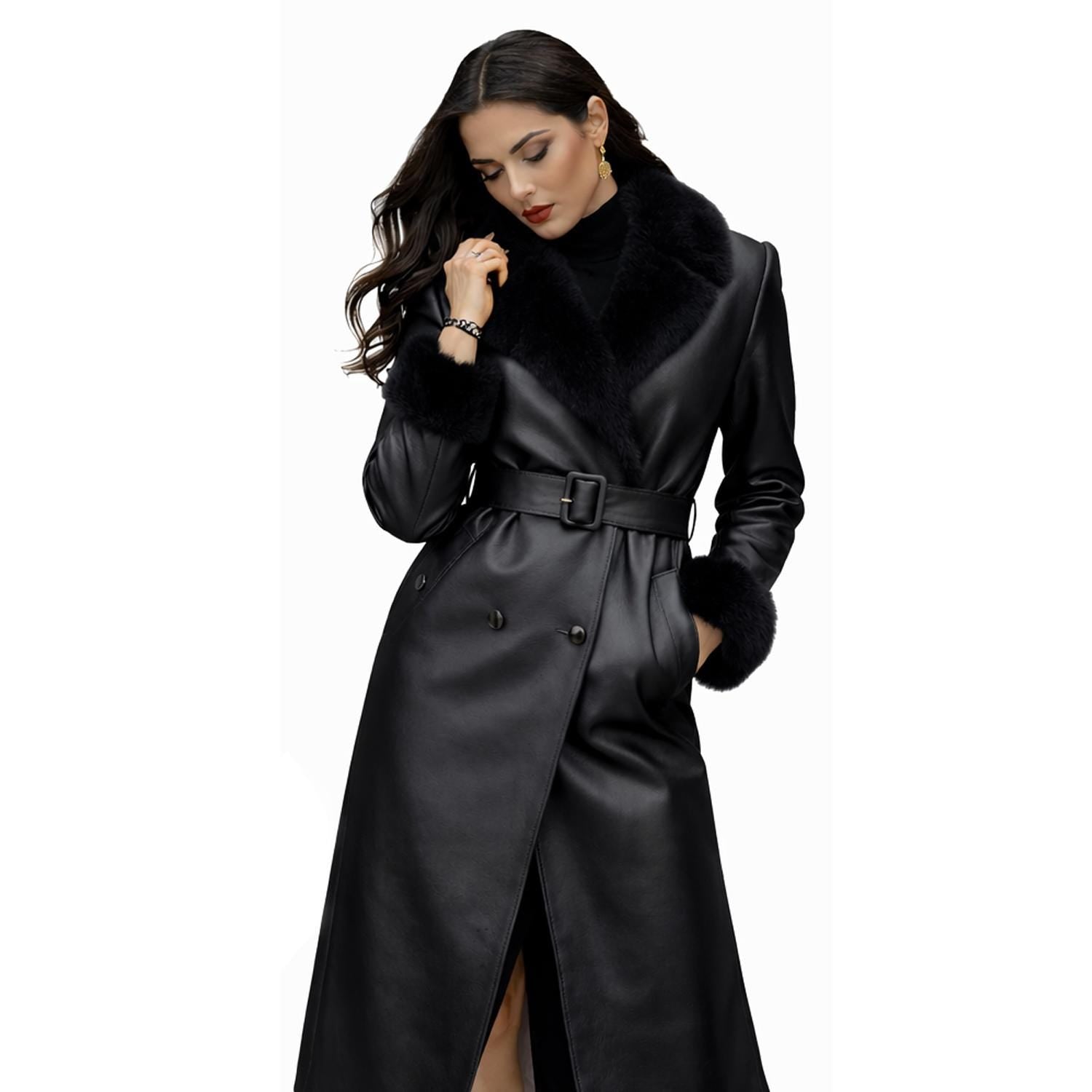 Elegant Black Leather Coat for Women – Faux Fur Collar, Belted Long Winter Trench