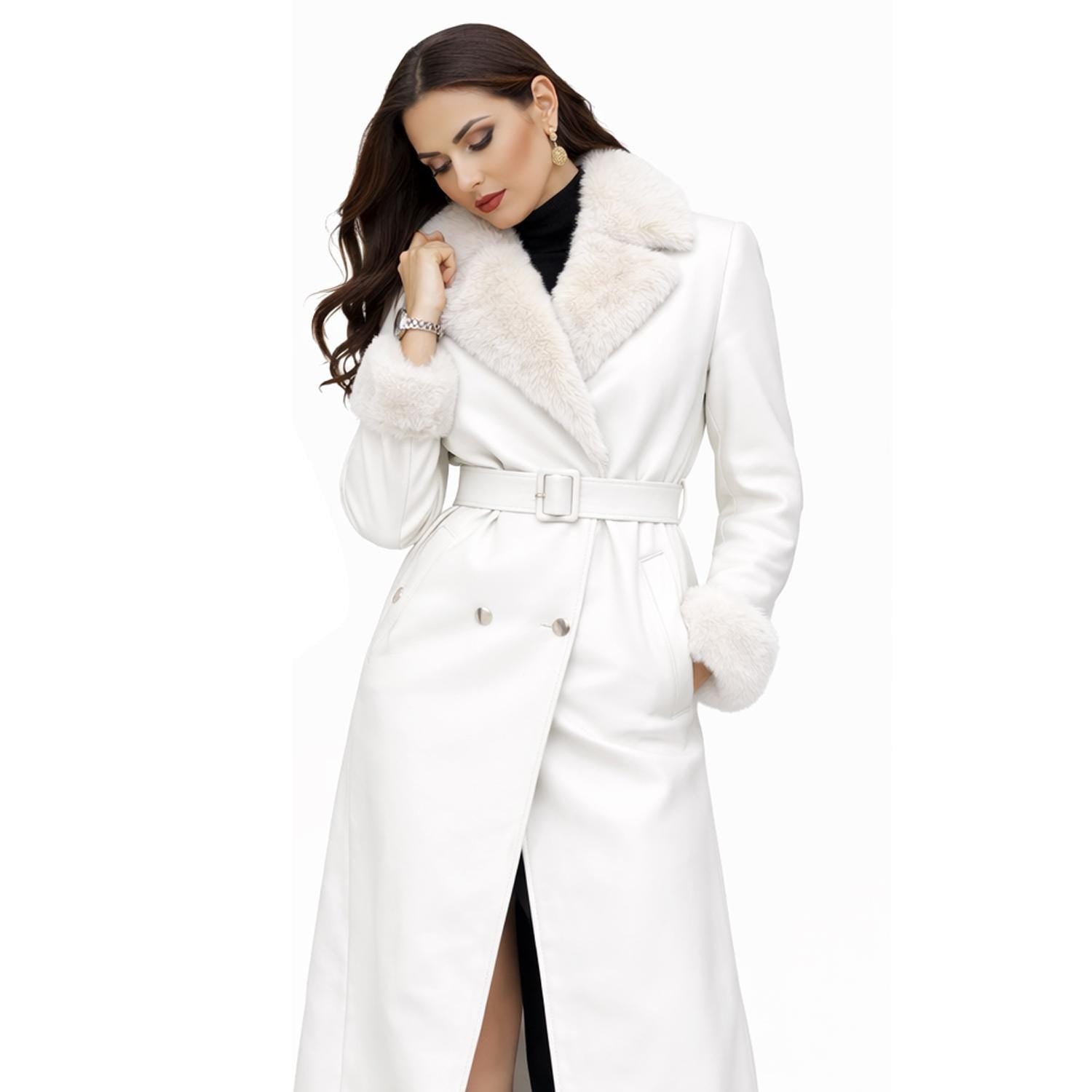 Ivory White Leather Trench Coat for Women – Faux Fur Collar Winter Coat