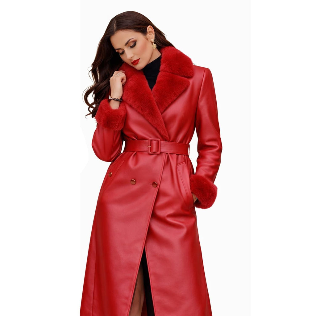 Red Leather Trench Coat for Women with Fur Collar – Handmade Luxury Winter Wear