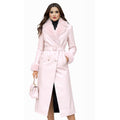 Blush Pink Leather Coat with Faux Fur Collar – Handmade Winter Long Jacket