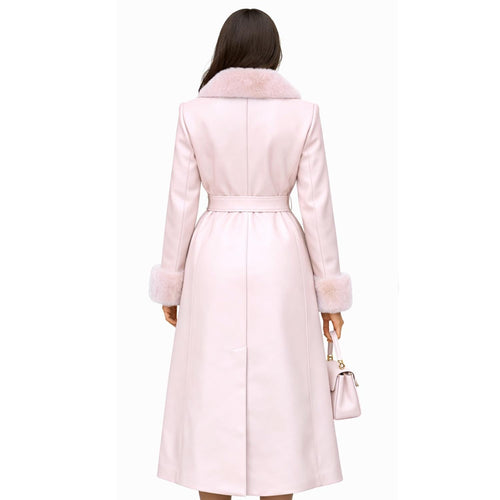 Blush Pink Leather Coat with Faux Fur Collar – Handmade Winter Long Jacket