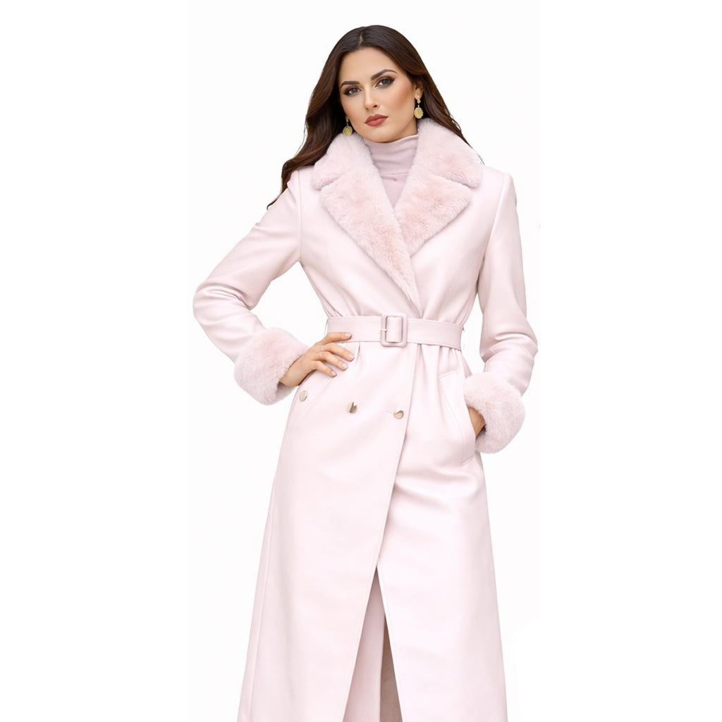 Blush Pink Leather Coat with Faux Fur Collar – Handmade Winter Long Jacket