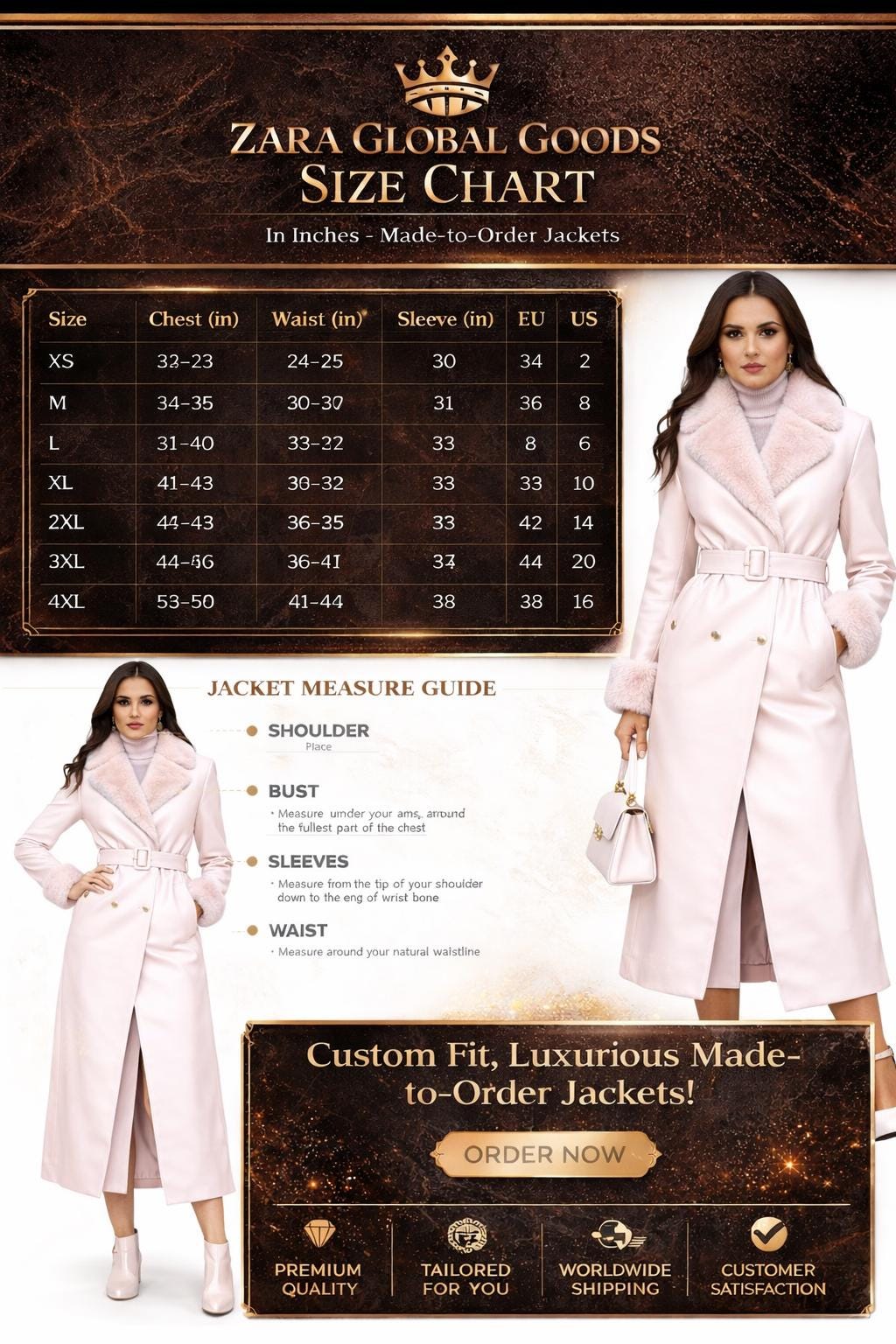 Blush Pink Leather Coat with Faux Fur Collar – Handmade Winter Long Jacket