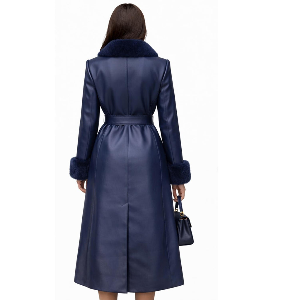 Navy Blue Leather Trench Coat for Women with Faux Fur Collar Belted Winter Wear