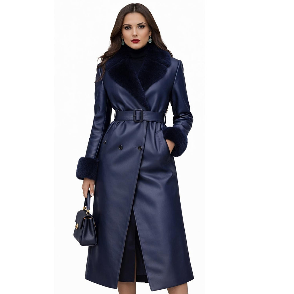 Navy Blue Leather Trench Coat for Women with Faux Fur Collar Belted Winter Wear
