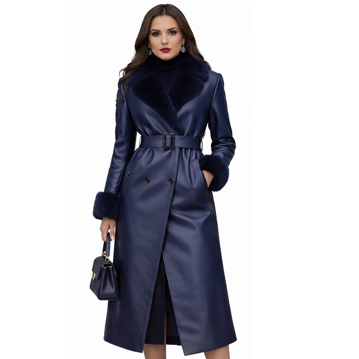 Navy Blue Leather Trench Coat for Women with Faux Fur Collar Belted Winter Wear
