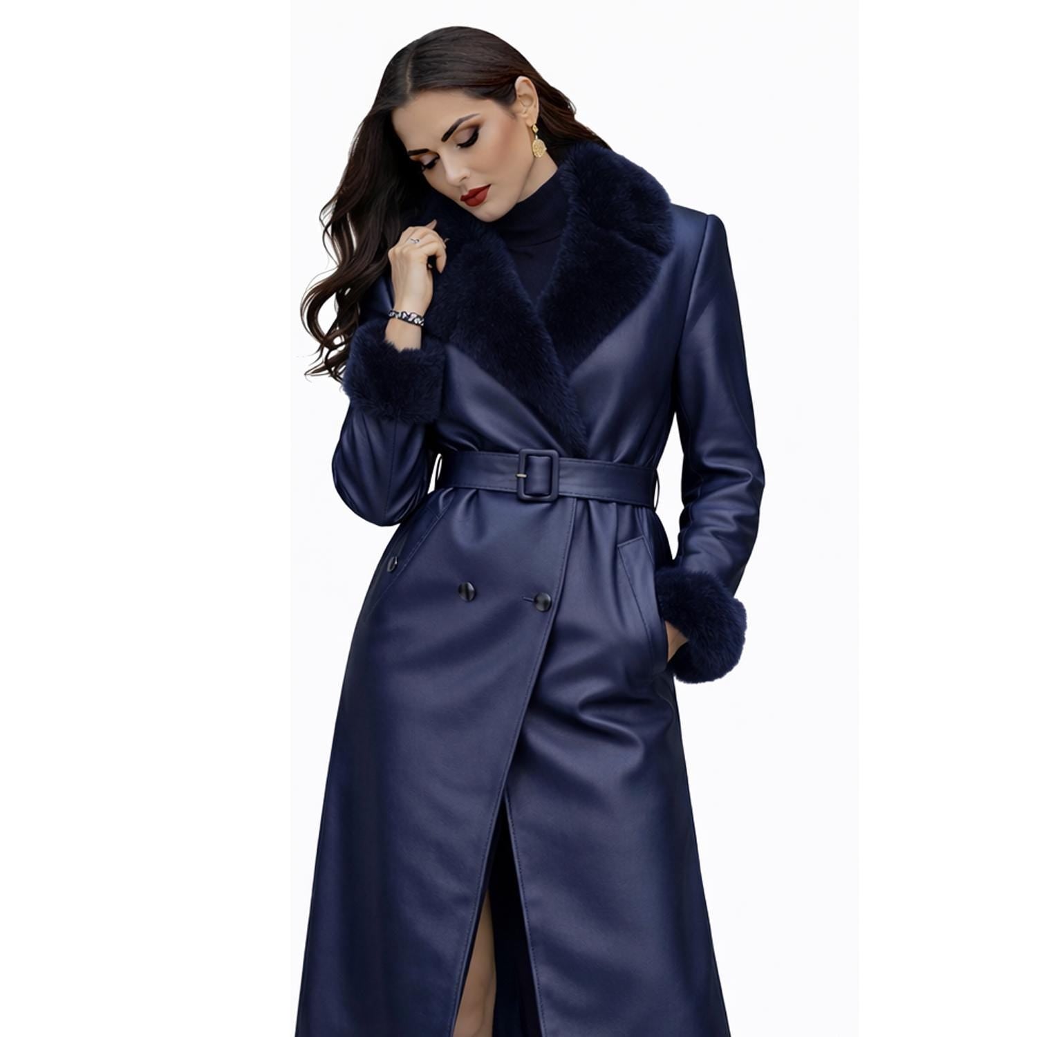 Navy Blue Leather Trench Coat for Women with Faux Fur Collar Belted Winter Wear