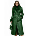 Luxury Forest Green Leather Coat for Women | Belted Faux Fur Winter Coat