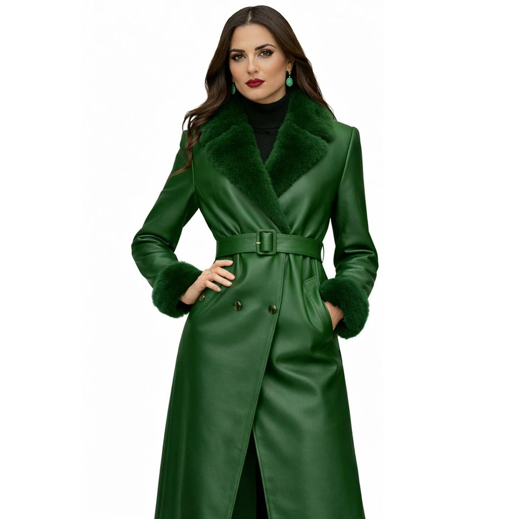 Luxury Forest Green Leather Coat for Women | Belted Faux Fur Winter Coat