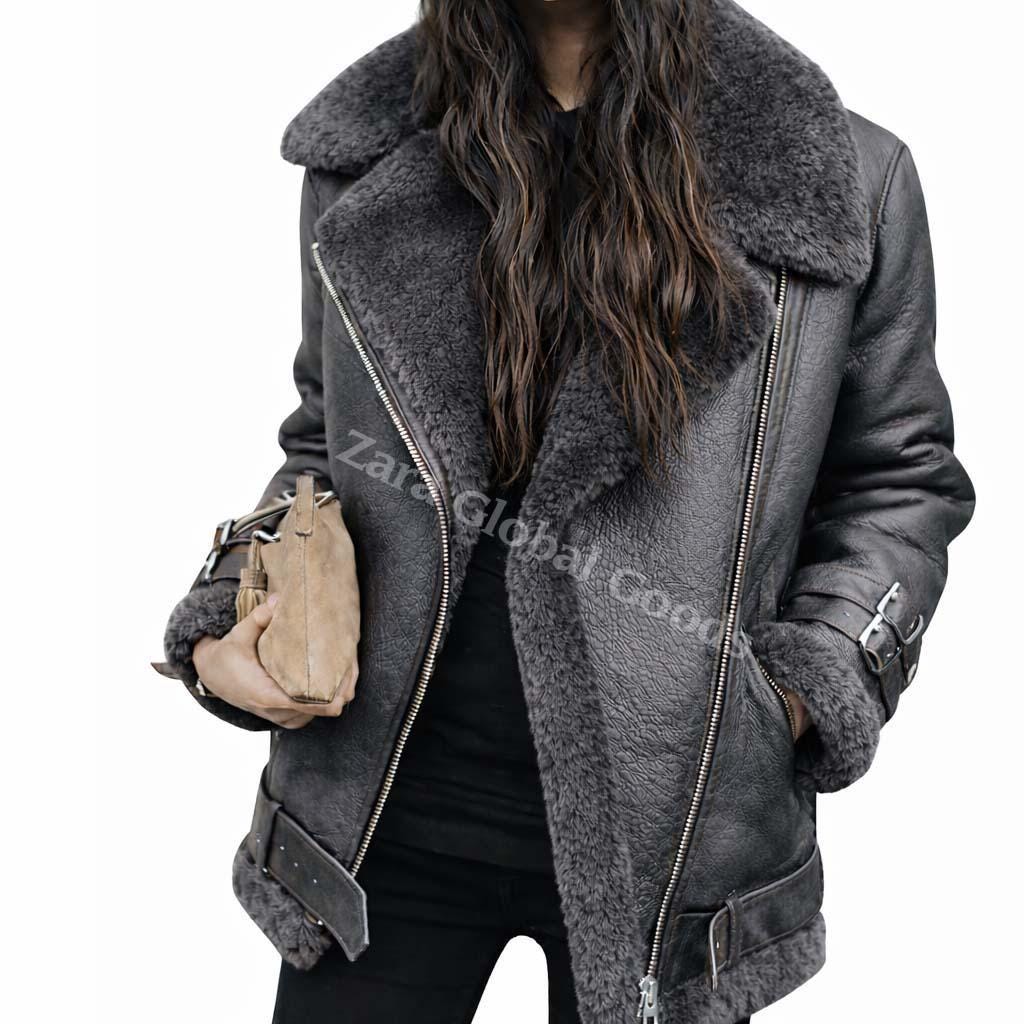Handmade Shearling Leather Jacket For Women Fur Lined Winter Bike Coat