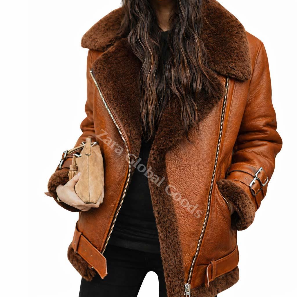 Handmade Shearling Leather Jacket For Women Fur Lined Winter Bike Coat