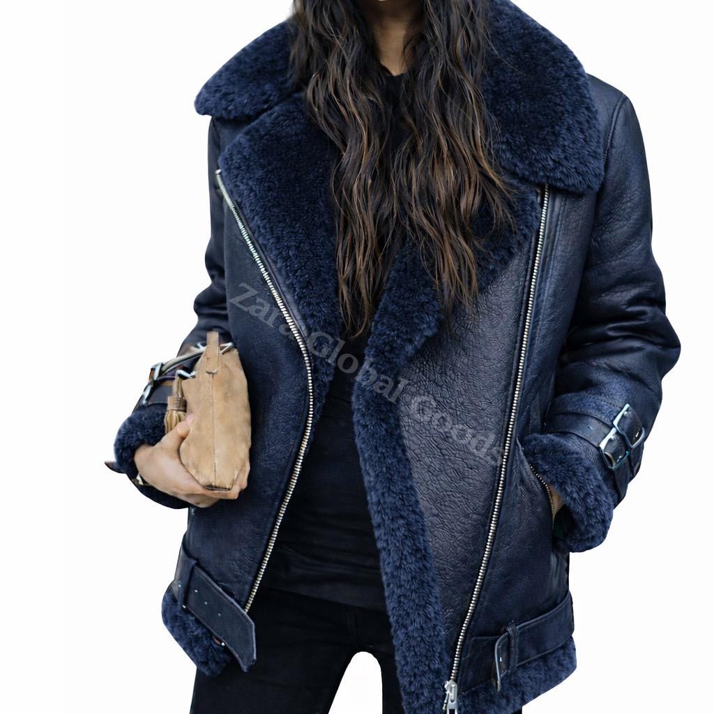 Handmade Shearling Leather Jacket For Women Fur Lined Winter Bike Coat