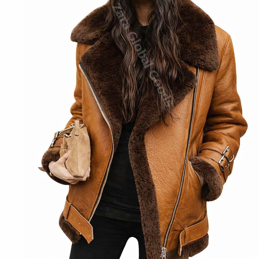 Handmade Shearling Leather Jacket For Women Fur Lined Winter Bike Coat