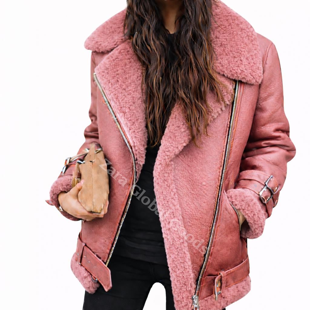 Handmade Shearling Leather Jacket For Women Fur Lined Winter Bike Coat