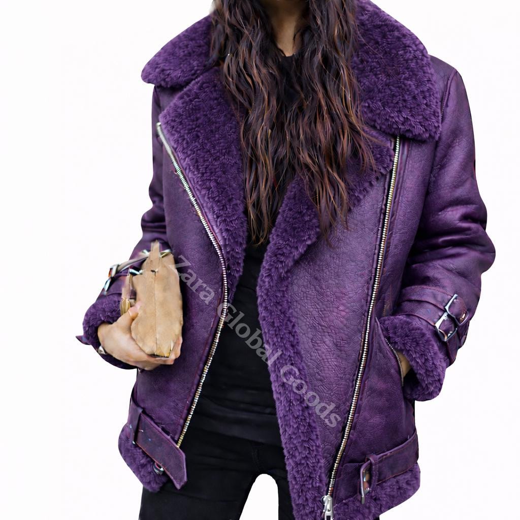 Handmade Shearling Leather Jacket For Women Fur Lined Winter Bike Coat