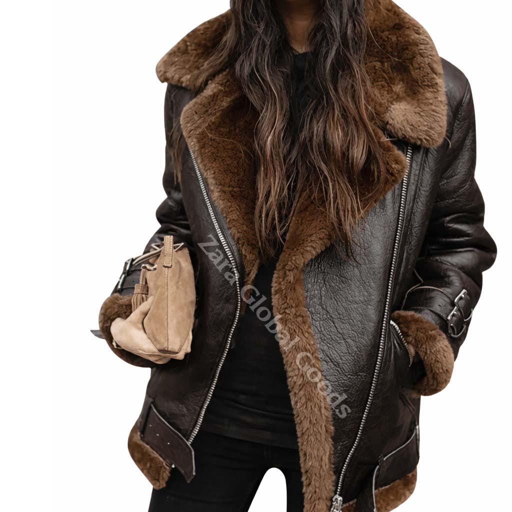 Handmade Shearling Leather Jacket For Women Fur Lined Winter Bike Coat