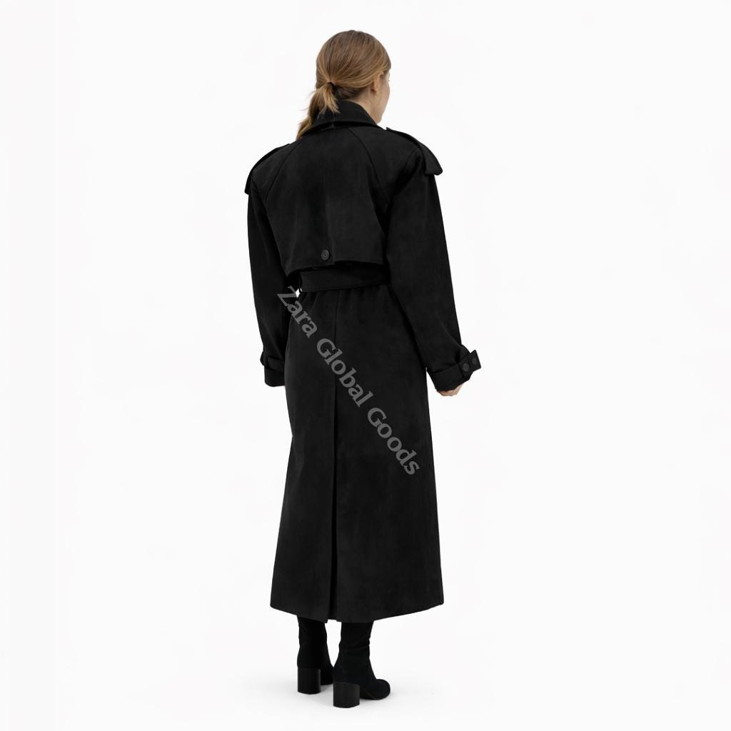 Handcrafted Suede Trench Coat For Women Luxuey Double Breasted Long Coat