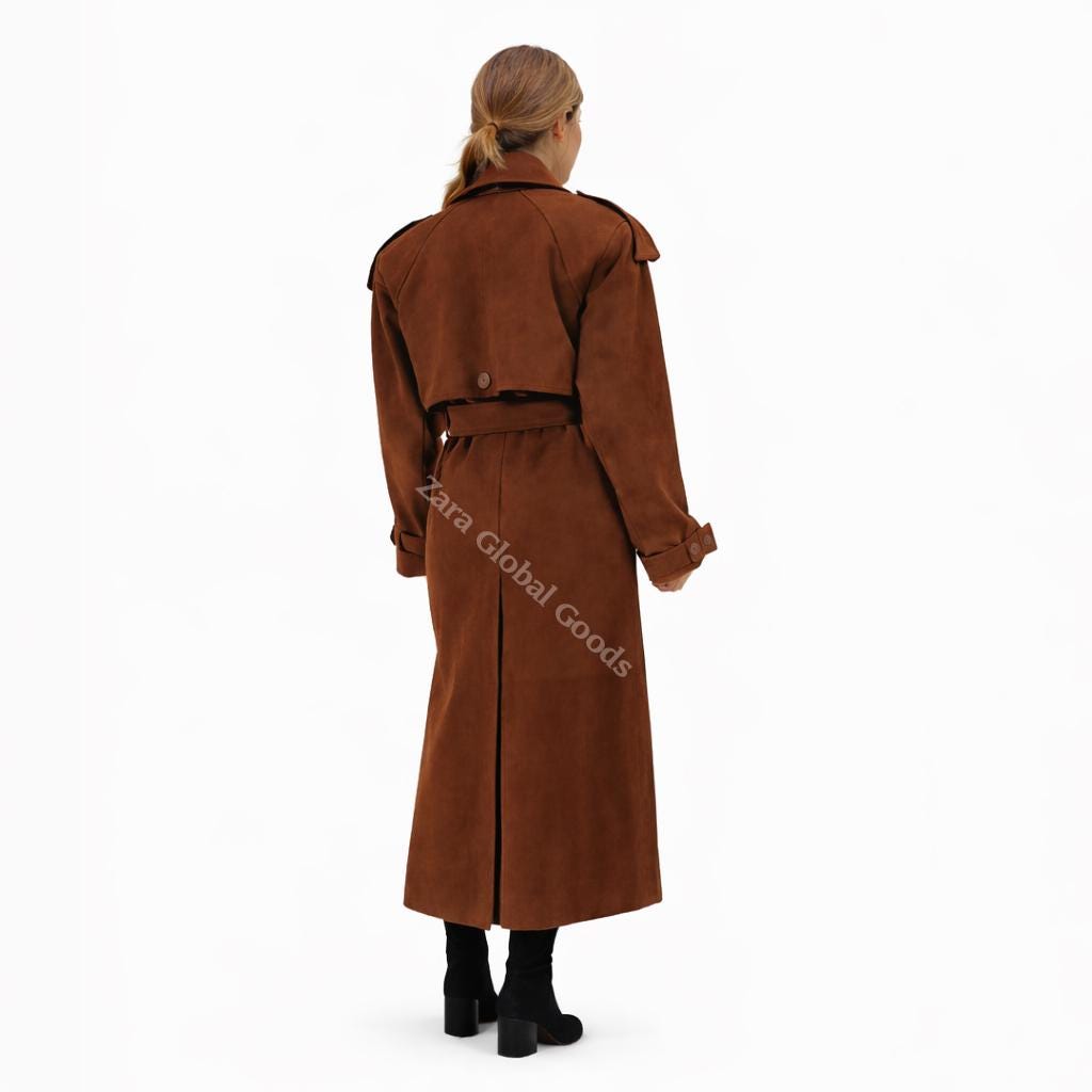 Handcrafted Suede Trench Coat For Women Luxuey Double Breasted Long Coat