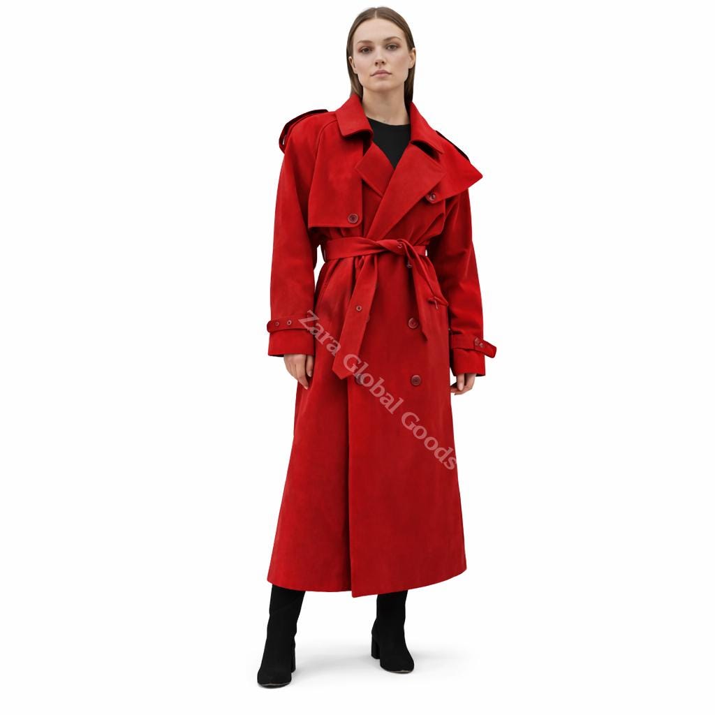 Handcrafted Suede Trench Coat For Women Luxuey Double Breasted Long Coat
