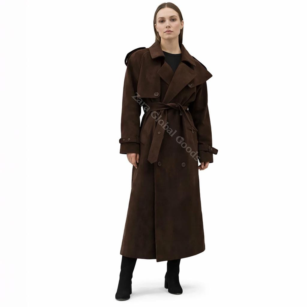 Handcrafted Suede Trench Coat For Women Luxuey Double Breasted Long Coat