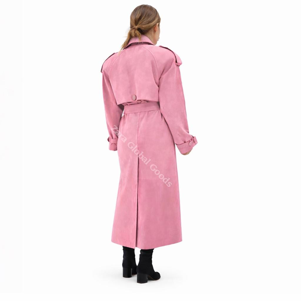 Handcrafted Suede Trench Coat For Women Luxuey Double Breasted Long Coat