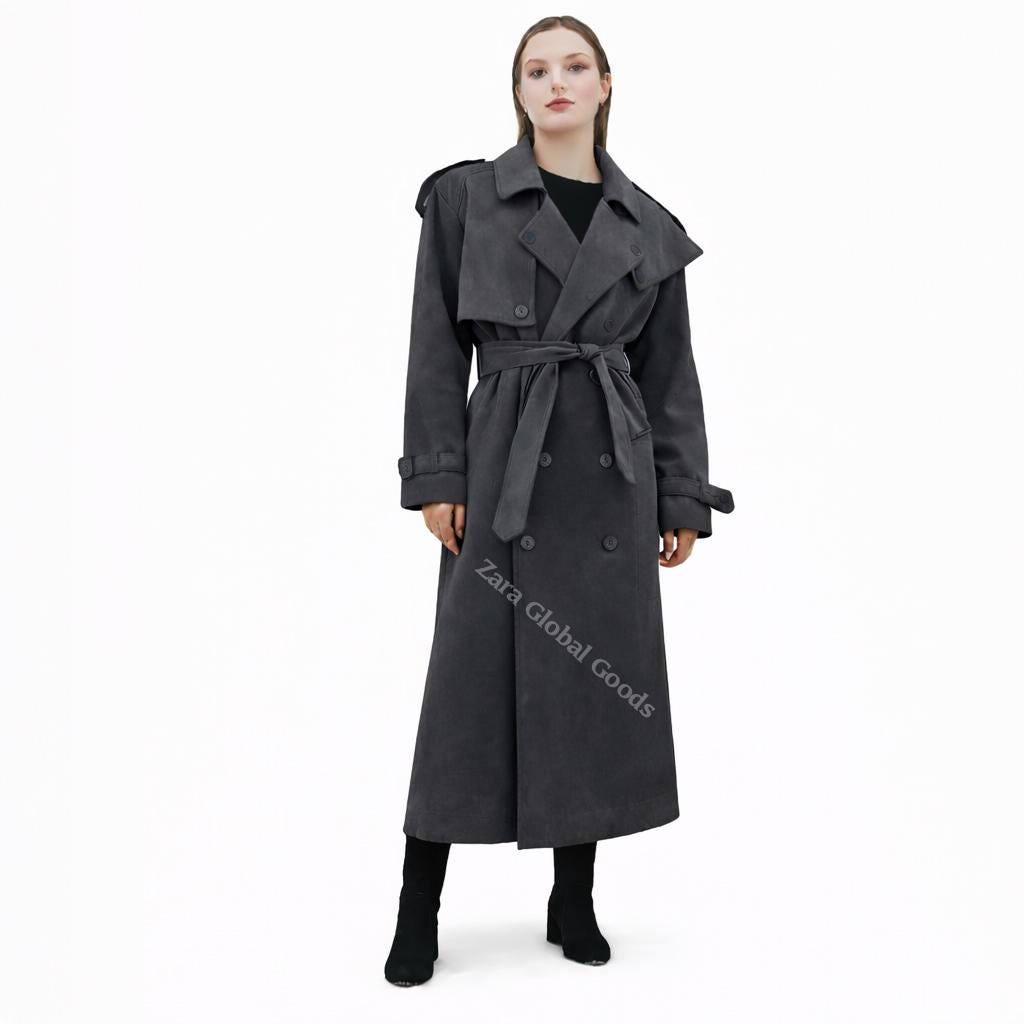 Handcrafted Suede Trench Coat For Women Luxuey Double Breasted Long Coat