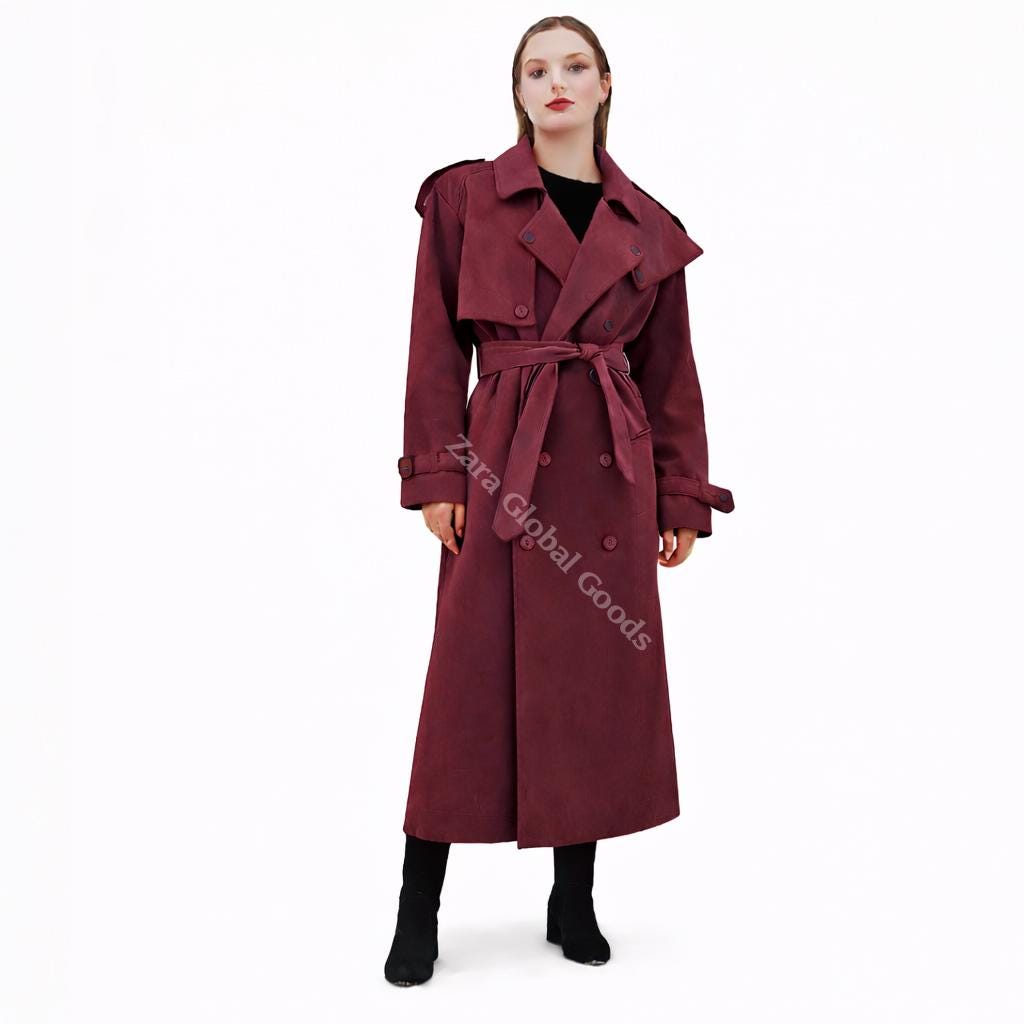 Handcrafted Suede Trench Coat For Women Luxuey Double Breasted Long Coat