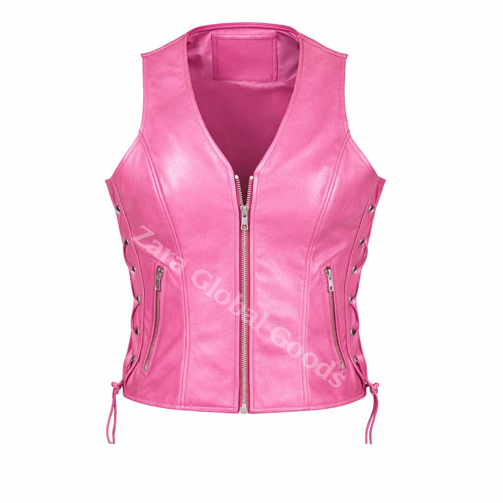 Handcrafted Women’s Leather Biker Vest – Lace Side Motorcycle Waistcoat