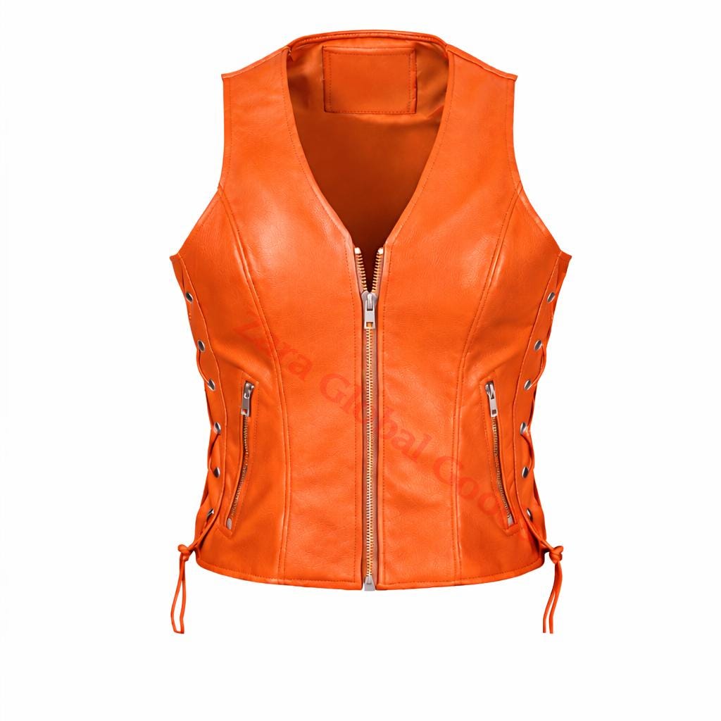 Handcrafted Women’s Leather Biker Vest – Lace Side Motorcycle Waistcoat