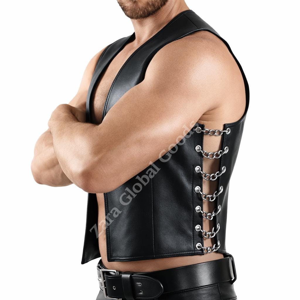 Mens Black Biker Vest With Side Chain Lacing Gothic Style Handmade