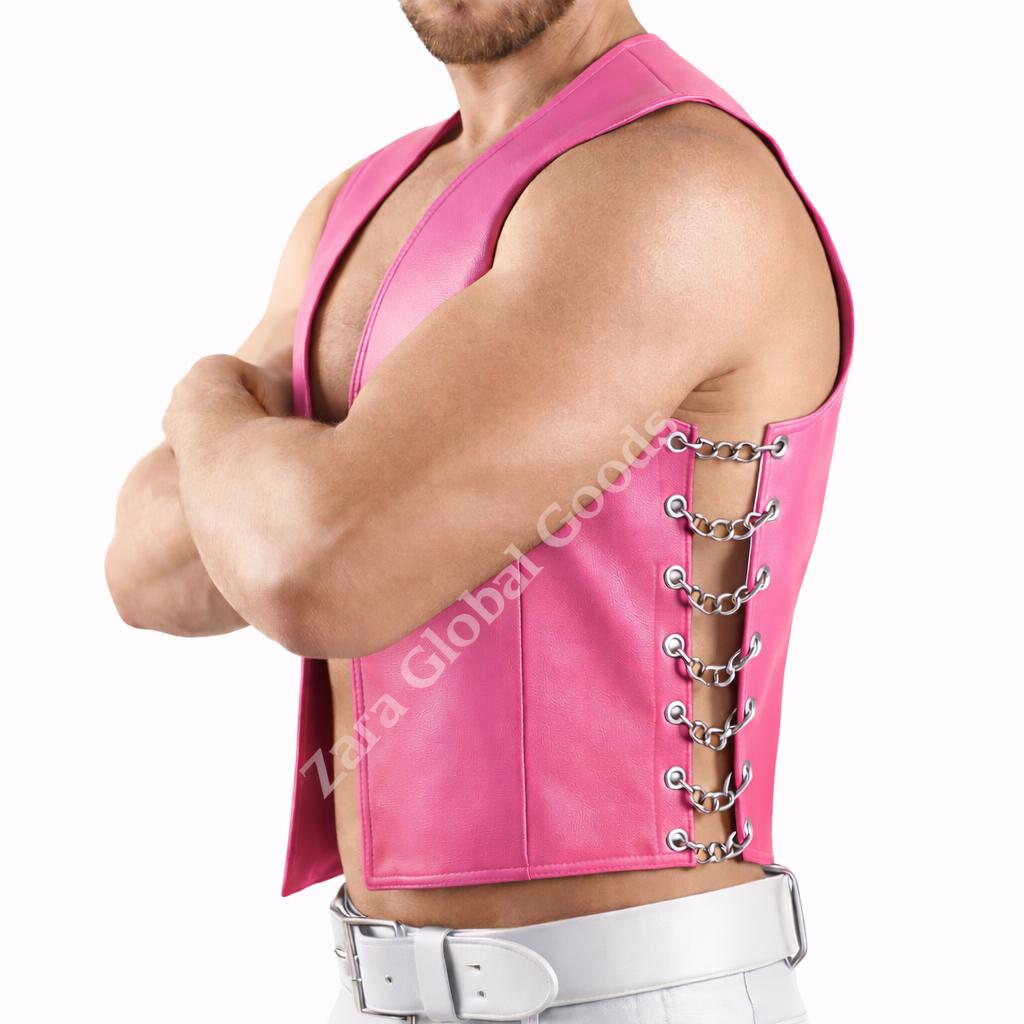 Mens Black Biker Vest With Side Chain Lacing Gothic Style Handmade