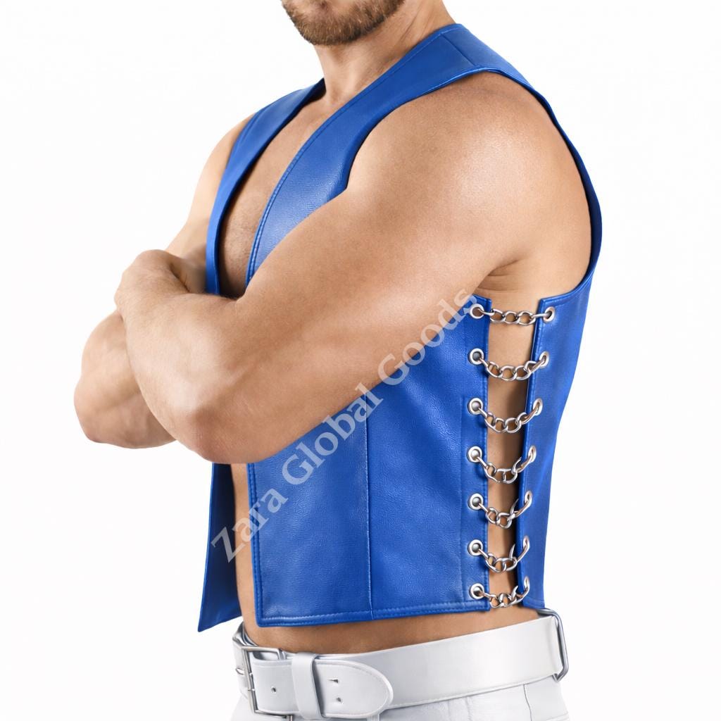 Mens Black Biker Vest With Side Chain Lacing Gothic Style Handmade