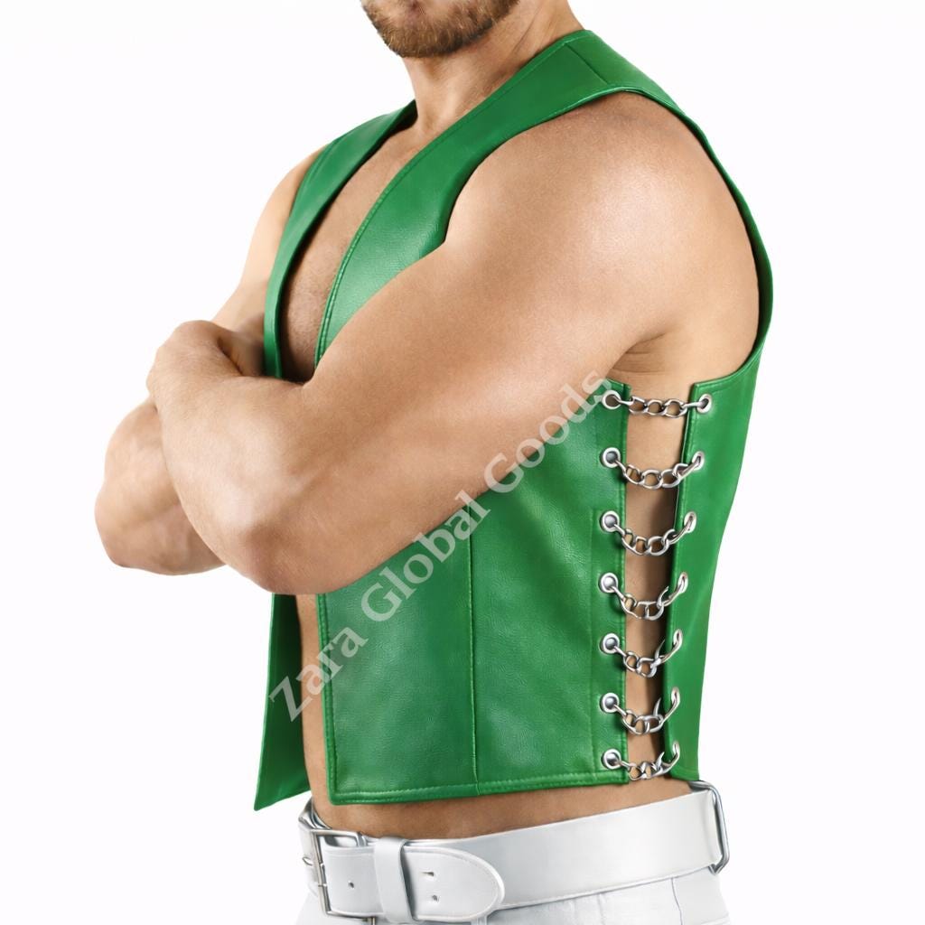 Mens Black Biker Vest With Side Chain Lacing Gothic Style Handmade