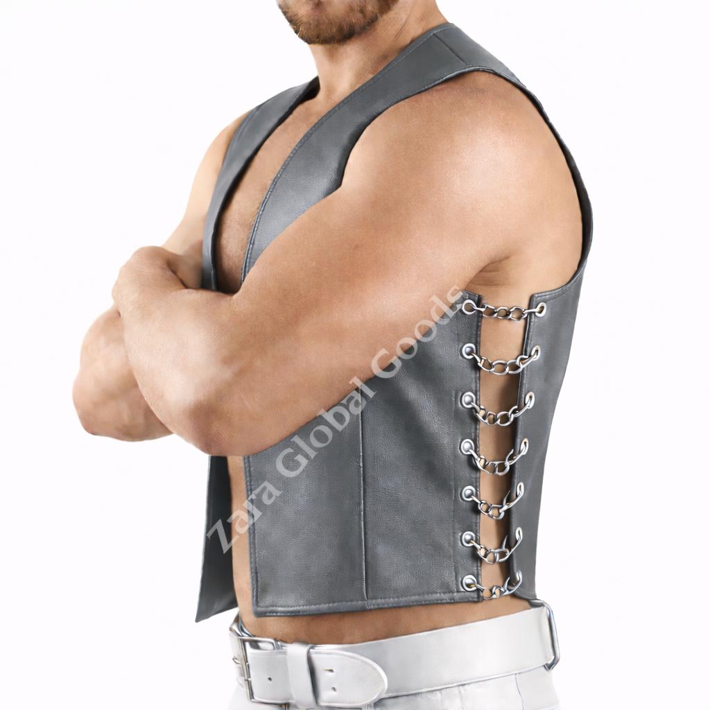 Mens Black Biker Vest With Side Chain Lacing Gothic Style Handmade