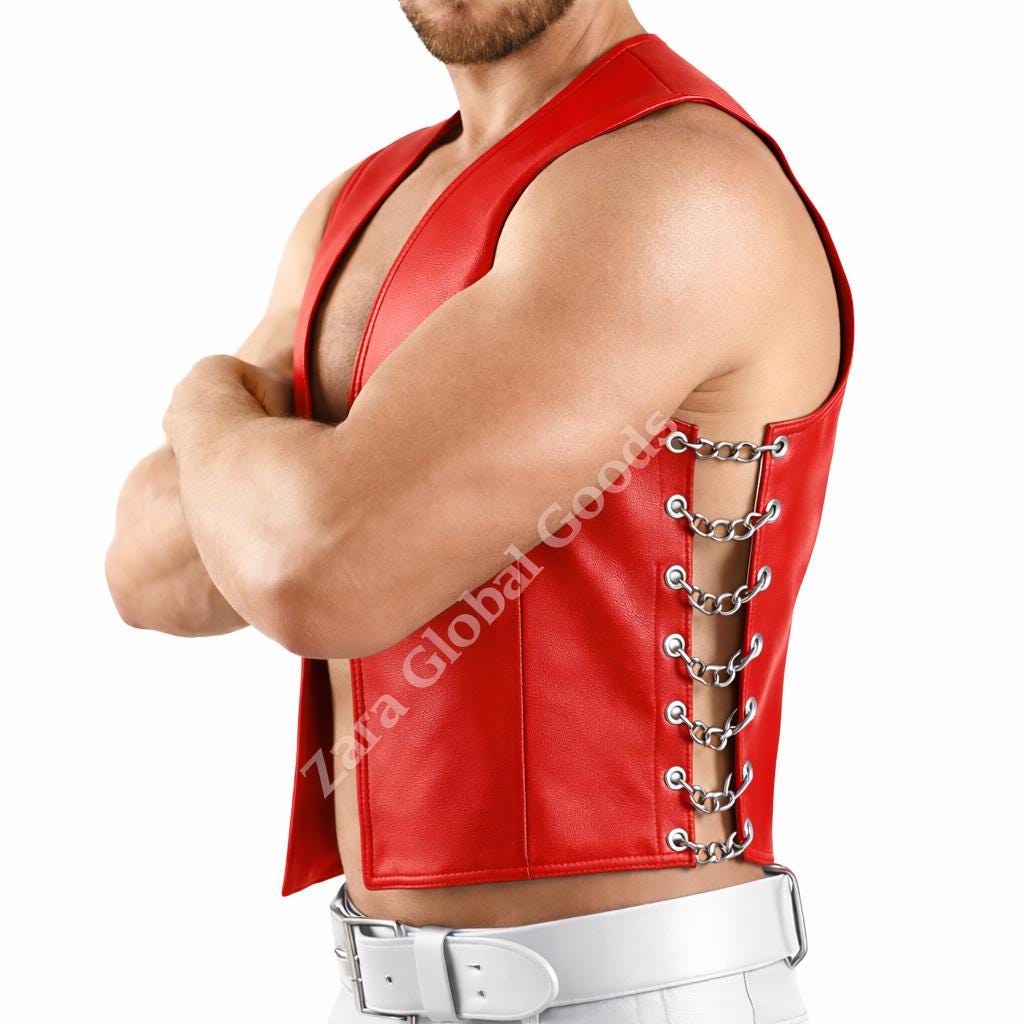 Mens Black Biker Vest With Side Chain Lacing Gothic Style Handmade