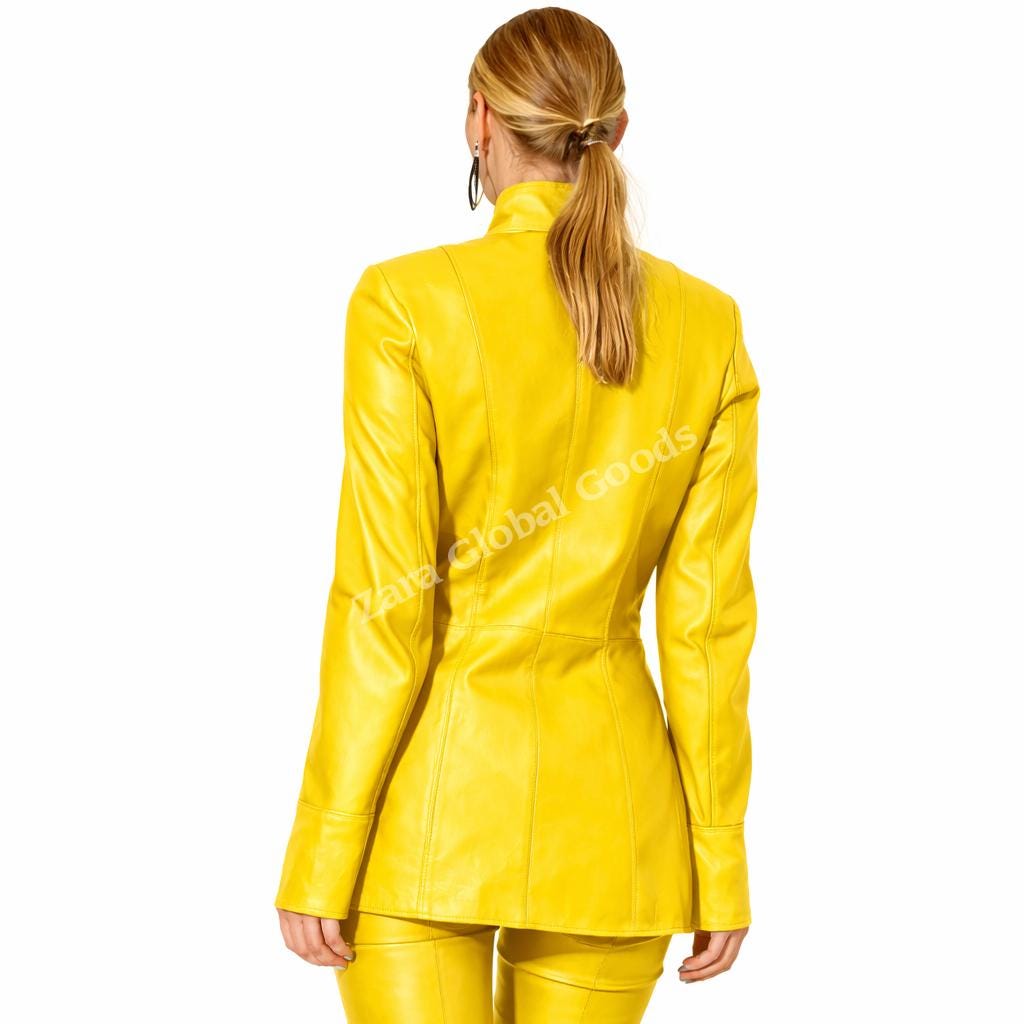 Mustard Yellow  Women Leather Jacket Chic Button Front Long Coat With Stand Stylish Collar
