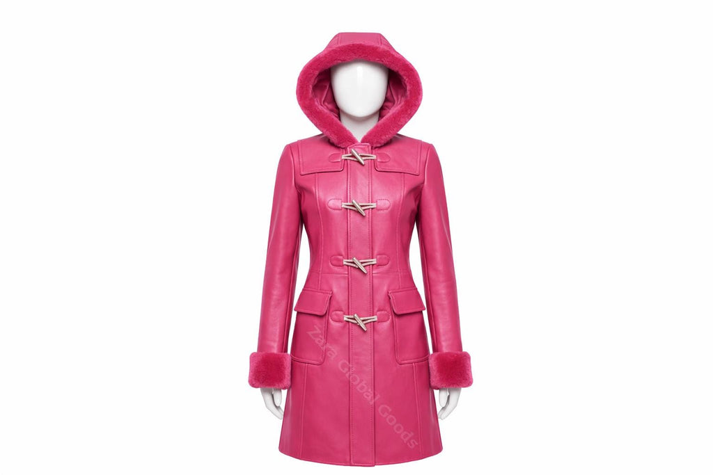 Multi Color Women’s Leather Hooded Coat – Handmade Winter Sheepskin Style Toggle Jacket