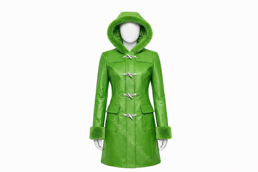 Multi Color Women’s Leather Hooded Coat – Handmade Winter Sheepskin Style Toggle Jacket