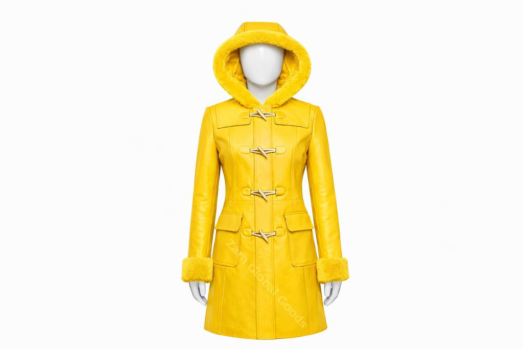 Multi Color Women’s Leather Hooded Coat – Handmade Winter Sheepskin Style Toggle Jacket