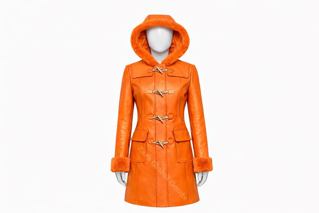 Multi Color Women’s Leather Hooded Coat – Handmade Winter Sheepskin Style Toggle Jacket