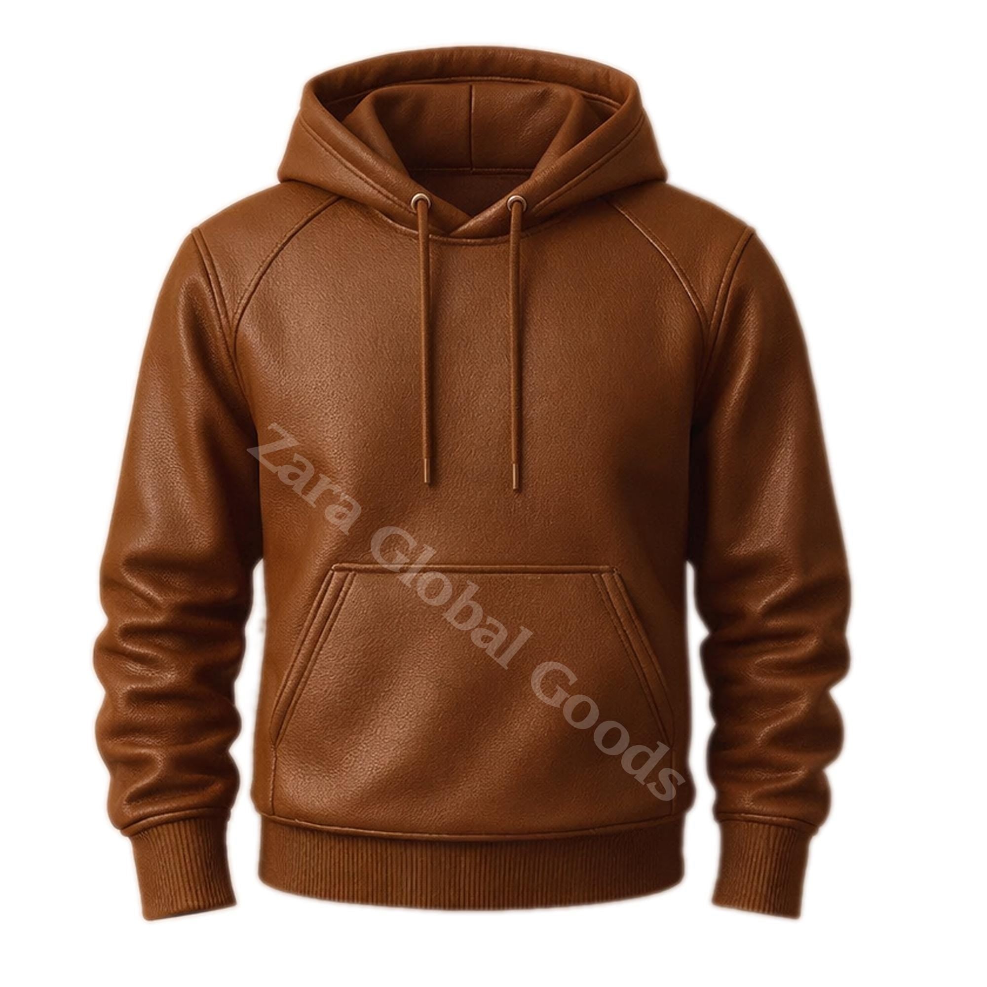 Men’s Brown Leather Hoodie – Casual Pullover Hooded Sweatshirt