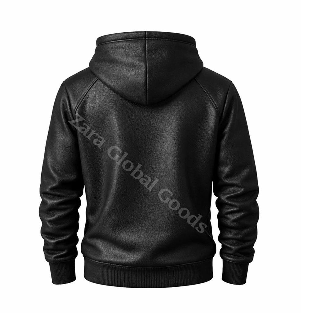 Men’s Black Leather Hoodie – Casual Pullover Hooded Sweatshirt