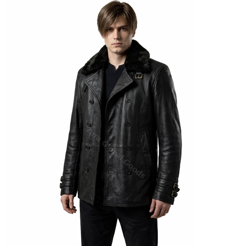 Men’s Black Leather Jacket with Fur Collar – Handmade Winter Coat