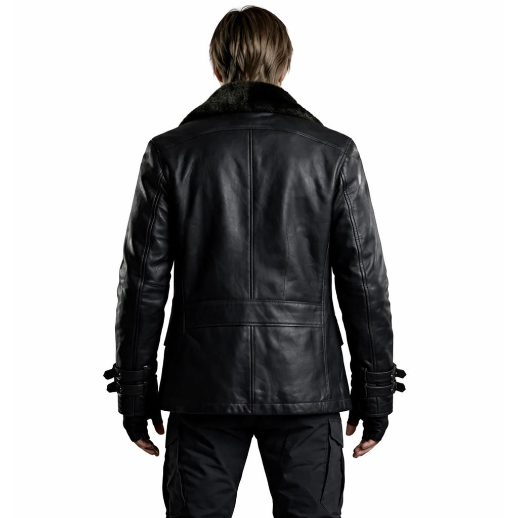 Men’s Black Leather Jacket with Fur Collar – Handmade Winter Coat